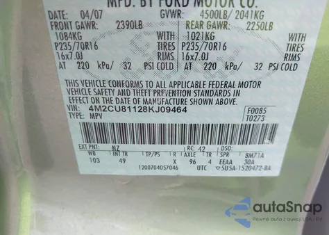 2008 Mercury Mariner V6 из США, поврежденный, VIN 4M2CU81128KJ09464